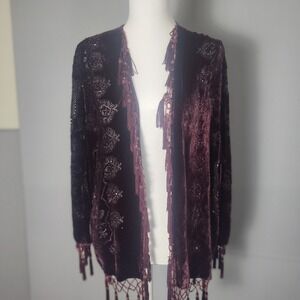 Shanak Silk Velvet Kimono Cardigan Plum Beaded Tassel Fringe Boho One Size